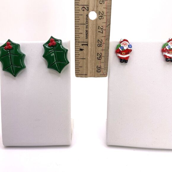 Christmas Earrings Studs Set of 2 Holly & Santa Red Green Cute Festive Jewelry - Picture 5 of 5